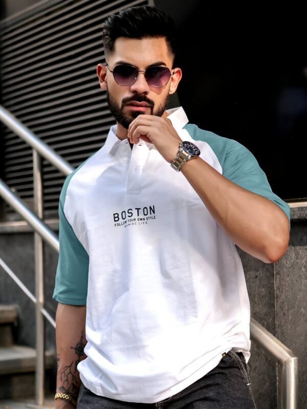 Green Colourblocked Polo Neck Doctor Sleeve Oversized Cotton Blend T-Shirt for Men